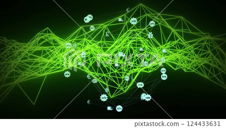 Image of network of connections with icons on black background 124433631