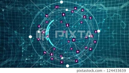 Image of globe of connections with icons over data processing on blue background Image of globe of connections with icons over data processing on blue background 124433639