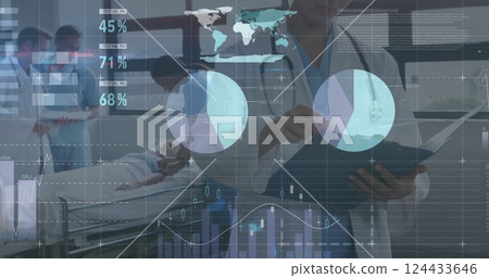 Image of financial data processing over diverse doctors and female patient 124433646