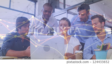 Image of netowork of connections over diverse business people in office Image of netowork of connections over diverse business people in office 124433652