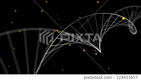 Image of dna strands spinning and glowing spots of light over black background 124433657