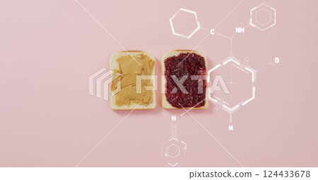 Image of chemical formula over toast with jam and peanut butter 124433678
