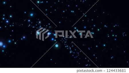 Glowing blue particles forming network over dark background, image of data flow Glowing blue particles forming network over dark background, image of data flow 124433681