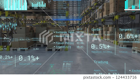 Image of diagrams and data processing over machines working in warehouse Image of diagrams and data processing over machines working in warehouse 124433716