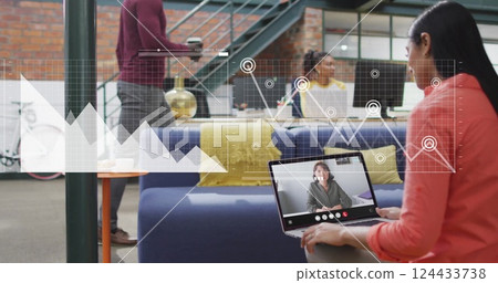 Image of data processing over diverse colleagues having image call in office 124433738