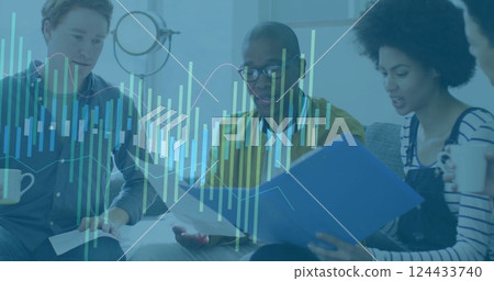 Image of financial data processing over diverse colleagues discussing work in office 124433740