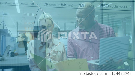 Image of financial data processing over diverse colleagues discussing work in office 124433743