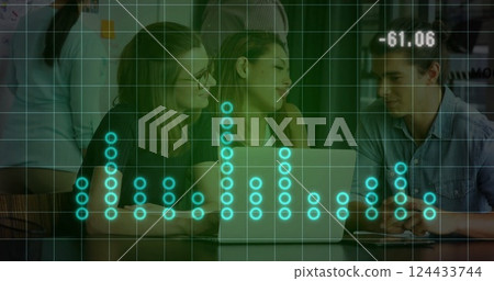Image of data processing over caucasian colleagues talking in office Image of data processing over caucasian colleagues talking in office 124433744