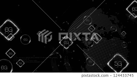 Image of 6g and 5g over globe with data processing on black background Image of 6g and 5g over globe with data processing on black background 124433745