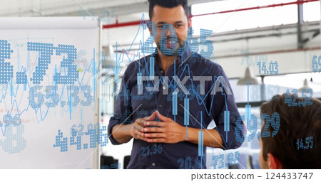 Image of data processing over diverse colleagues talking in office 124433747