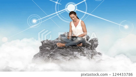 Image of network of connections over caucasian woman using tablet 124433786