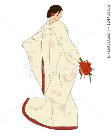 新娘穿著色彩鮮豔的和服，手捧花束，新娘的背影 124433818