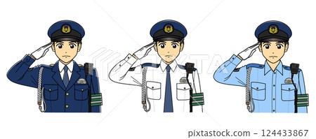 Set of 3 male police officers saluting (without stab-proof vest and cap) Set of 3 male police officers saluting (without stab-proof vest and cap) 124433867