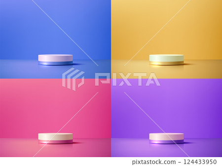 Minimalist white cylinder podium with a thin vivid colors band showcase on vibrant background, 3d geometric product display mockup 124433950