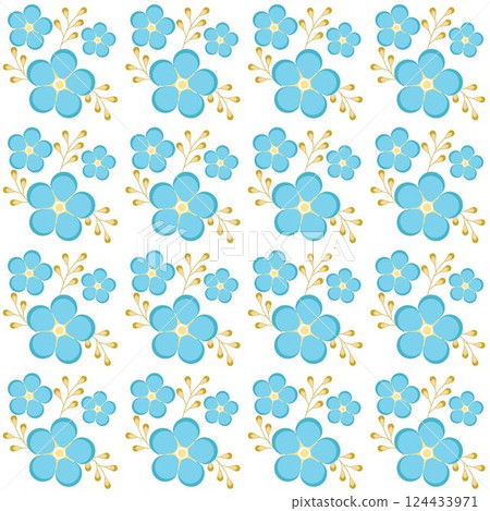 seamless pattern with blue forget-me-nots, twigs and buds on a light background. 124433971