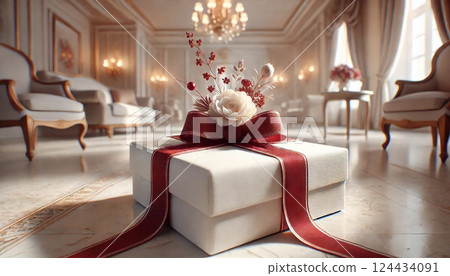 A room with a red gift box A room with a red gift box 124434091