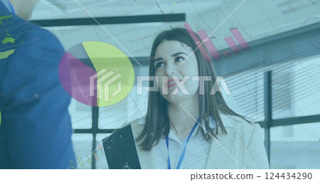 Image of financial data processing over caucasian businesswoman in office 124434290