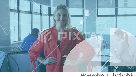 Image of financial data processing over caucasian businesswoman in office Image of financial data processing over caucasian businesswoman in office 124434301