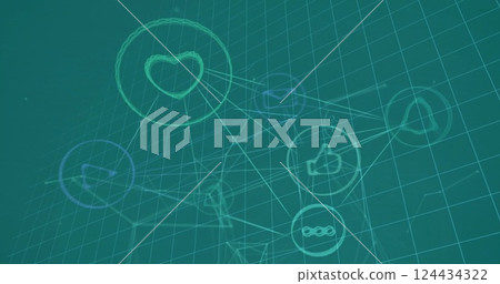 Image of network of connections and data processing over dark background Image of network of connections and data processing over dark background 124434322