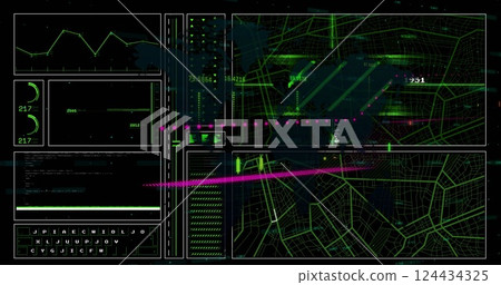 Image of financial data processing over grid on dark background Image of financial data processing over grid on dark background 124434325