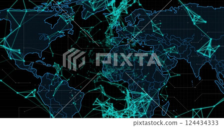 Image of data processing over world map on dark background 124434333