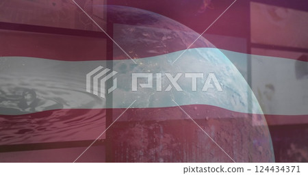 Image of flag of austria and image screens showing water over globe in space 124434371