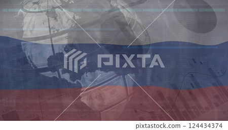 Image of flag of russia over globe and charts processing data Image of flag of russia over globe and charts processing data 124434374