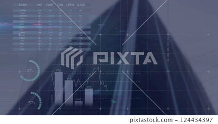Image of financial data processing over city 124434397
