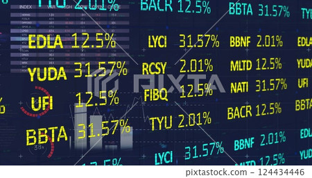 Image of financial data processing over blue background Image of financial data processing over blue background 124434446