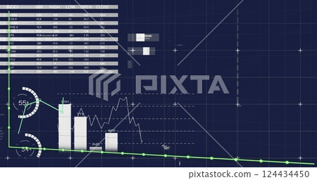 Image of financial data processing over blue background Image of financial data processing over blue background 124434450