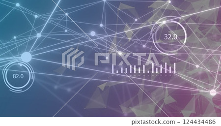 Image of network of connections with statistics on dark background 124434486