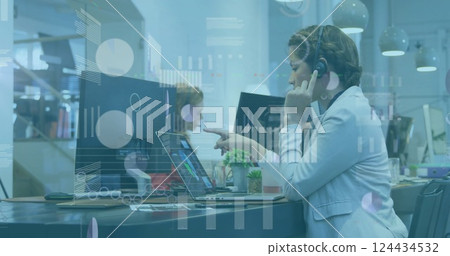 Image of financial data processing over diverse business people in office 124434532