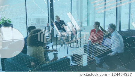 Image of financial data processing over diverse business people in office 124434537