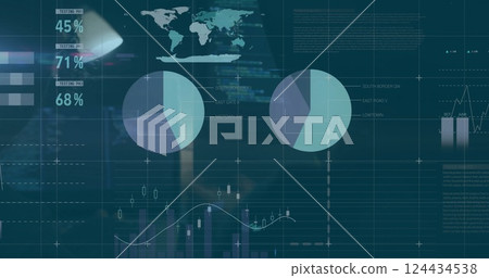 Image of financial data processing over office 124434538