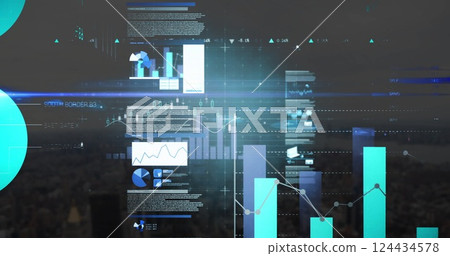 Image of data processing and diagrams over cityscape Image of data processing and diagrams over cityscape 124434578