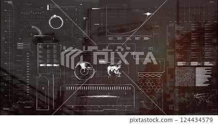 Image of data processing and diagrams over cityscape Image of data processing and diagrams over cityscape 124434579