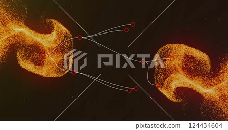 Image of network of connections over shapes on black background 124434604