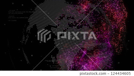 Image of globe with data processing over light spots on black background 124434605