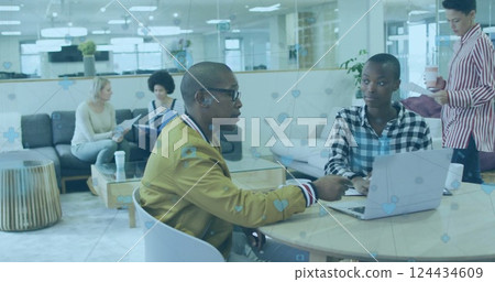 Image of financial data processing over diverse business people in office Image of financial data processing over diverse business people in office 124434609