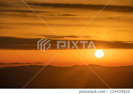 In August, the Northern Alps of the summer mountains seen from the ridgeline of Mt. Nishihotaka under clear skies The sun setting over a sea of clouds and Mt. Kasagatake In August, the Northern Alps of the summer mountains seen from the ridgeline of Mt. Nishihotaka under clear skies The sun setting over a sea of clouds and Mt. Kasagatake 124434620