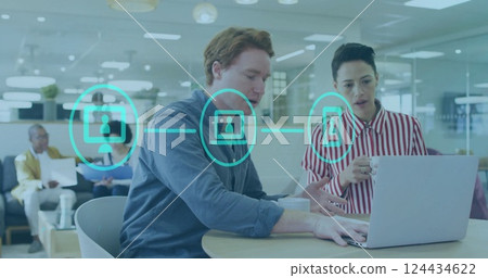 Image of icons and data processing over diverse business people in office 124434622