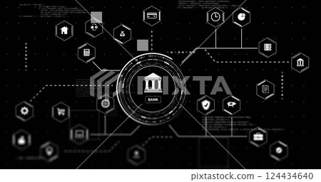 Image of network of connections with icons digital data processing over black background Image of network of connections with icons digital data processing over black background 124434640
