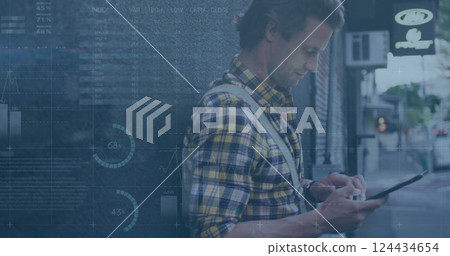Image of financial data processing over caucasian man using smartphone Image of financial data processing over caucasian man using smartphone 124434654