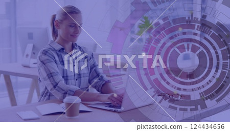 Image of scope and data processing over caucasian businesswoman using laptop Image of scope and data processing over caucasian businesswoman using laptop 124434656
