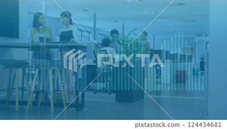 Image of financial data processing over diverse business people in office Image of financial data processing over diverse business people in office 124434681