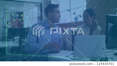 Image of financial data processing over diverse business people in office 124434701