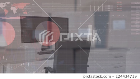 Image of financial data processing over desk with computer on white background Image of financial data processing over desk with computer on white background 124434719