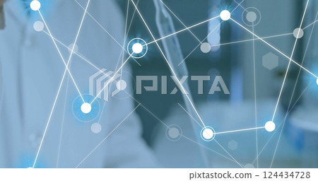 Image of network of connections over caucasian male scientist in laboratory Image of network of connections over caucasian male scientist in laboratory 124434728