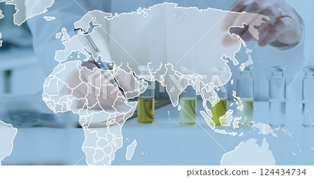 Image of world map over caucasian male scientist in laboratory 124434734