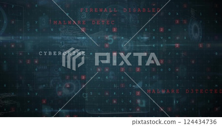 Image of virus warning, padlock and data processing over dark background 124434736
